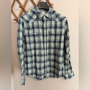 Lucky Brand Green Plaid Western Pearl Snap Shirt Medium